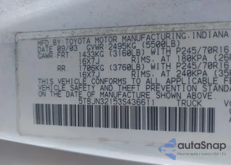 2003 Toyota Tundra from USA, damaged, VIN 5TBJN32153S436611